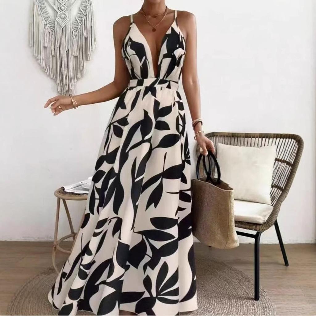 Cross-border Europe, America, Amazon 2026 summer new ethnic style fashion sexy slim print suspender dress