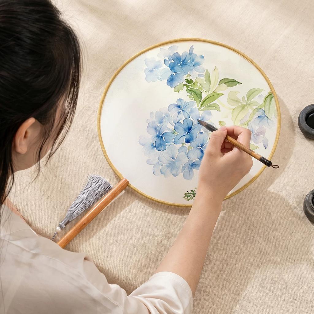 Zifangzhai Ancient-Style Pure Silk Fan with Blank Long Handle, Imitation Antique Fine Brushwork, Watercolor Hand-Painted Round Fan