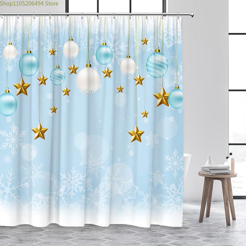 Pink Christmas Shower Curtain Xmas Balls Gold Stars Snowflakes New Year Home Bathroom Decor Bath Curtains Washable with Hooks
