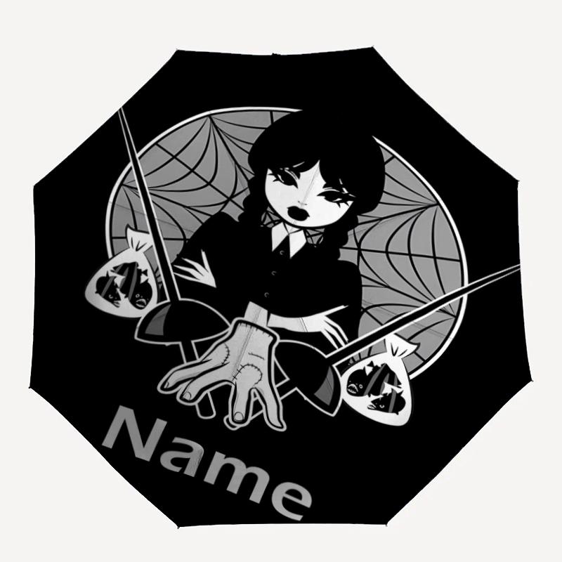 Custom Name Wednesday Theme Automatic Umbrella, Lightweight & Portable, 8 Rib, Perfect for Outdoor Travel, Birthdays, Christmas, Gifts.