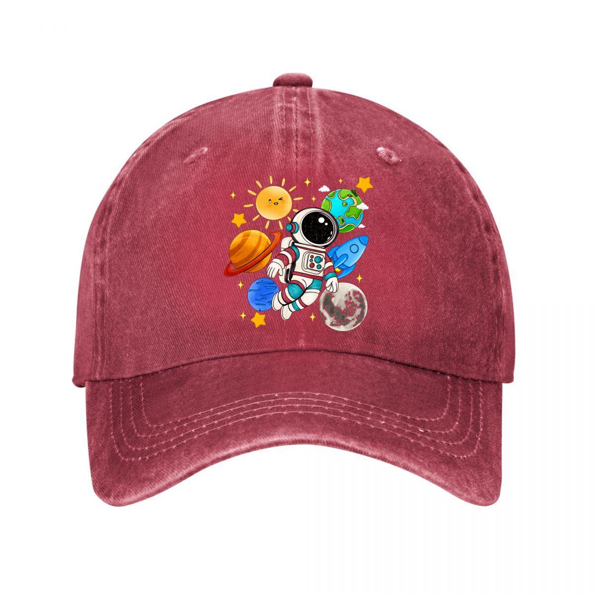 Cute Astronaut Space Planet Rocket Sun Moon Graphic Washed Baseball Cap Outdoor For Womens Unisex FeUnisex One Size