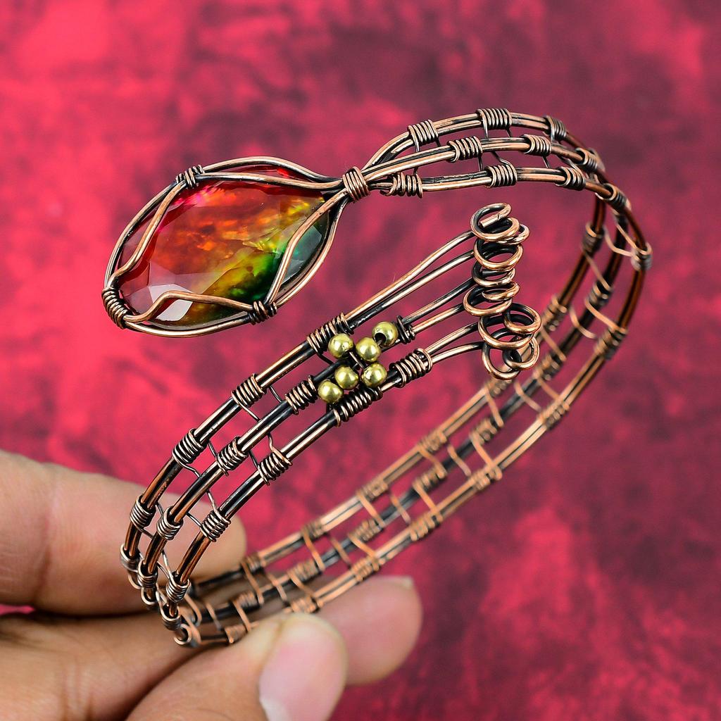Faceted Ammolite Cuff Bracelet Copper Wire Wrapped Bangle Gemstone Adjustable Cuff Bracelet Handmade Bangle Copper Jewelry Engagement Gifts