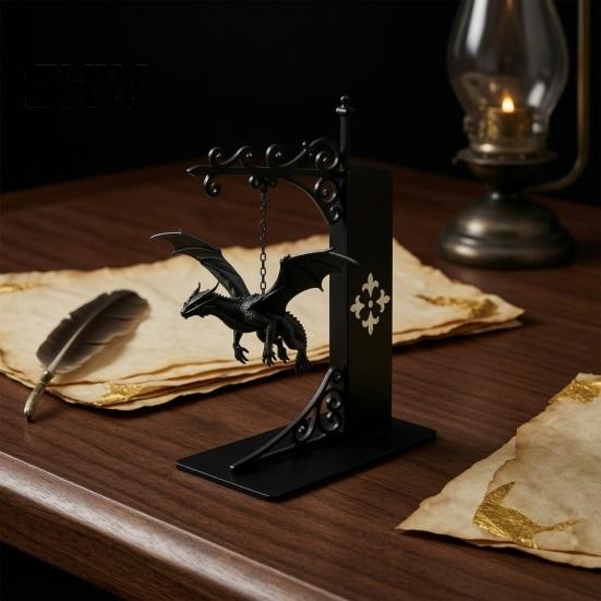 Unique Dragon Decor for Office Flying Bookshelf Light, Decorative Bookend Light & Desk, Iron Book Ends Sculpture Support, Heavy Duty Organizer