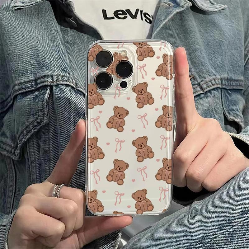 Cute Teddy Bear with Bow Pattern Phone Case for iPhone 17 16 15 14 13 12 11 16E Series Pro Max Plus Double Layer Protection