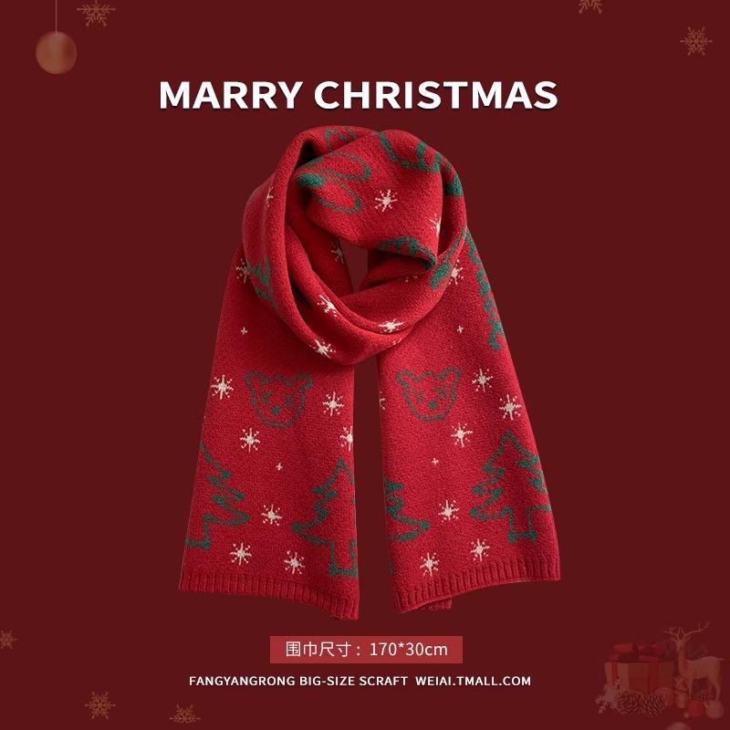 Red Christmas Tree Knitted Scarf Female Autumn and Winter Warm Green Wool Student Couple Christmas Gift Scarf Versatile