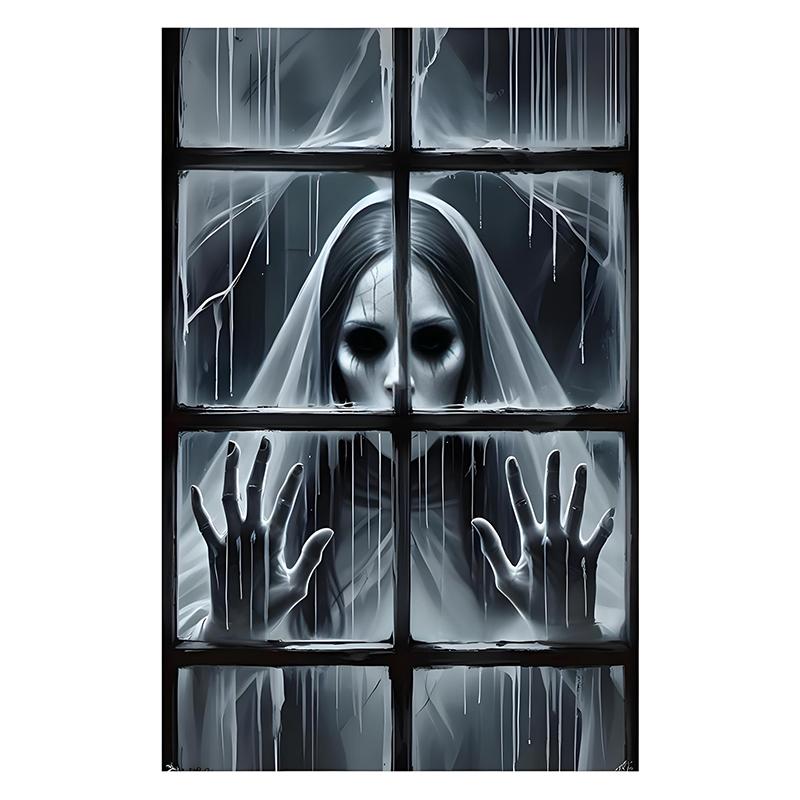 1Pcs Halloween Window Silhouette Decora Halloween Boy Girl Scary Banner Blood Ghost Window Cover Horror Theme Window Poster 2025