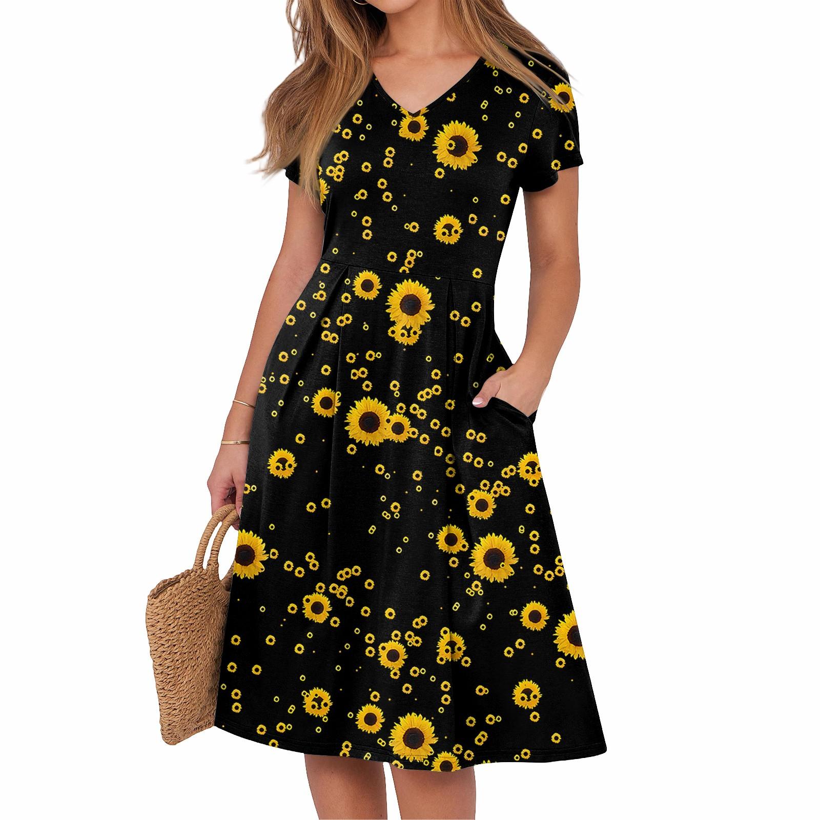 

Женское летнее повседневное платье с принтом, V-образным вырезом, короткими рукавами и карманами XL жёлтый