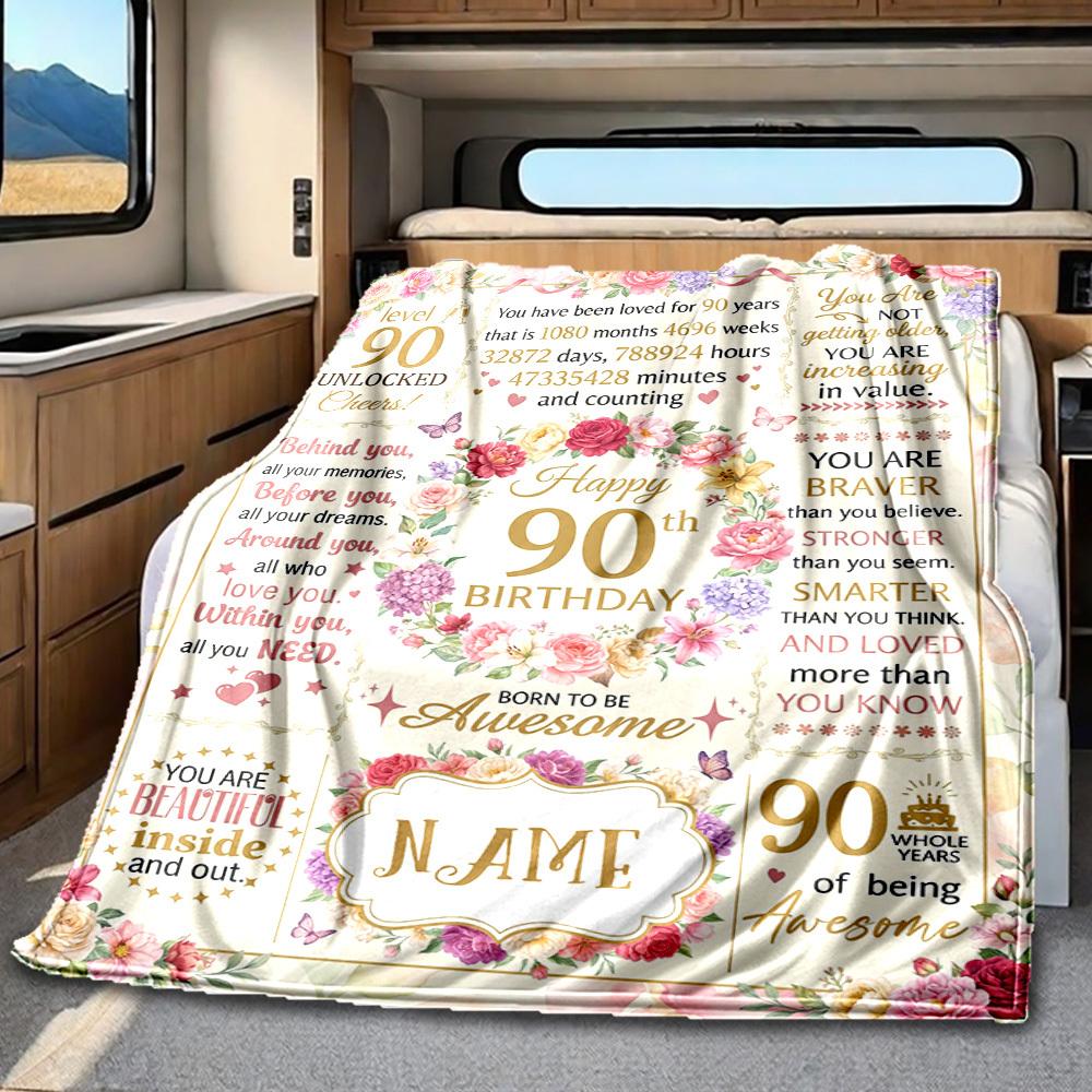 Elegant 90Th Birthday Celebration Poster Design Blanket Personalized Name Soft Comfortable Stylish Blanket Car Blanket Perfect For Travel Camping