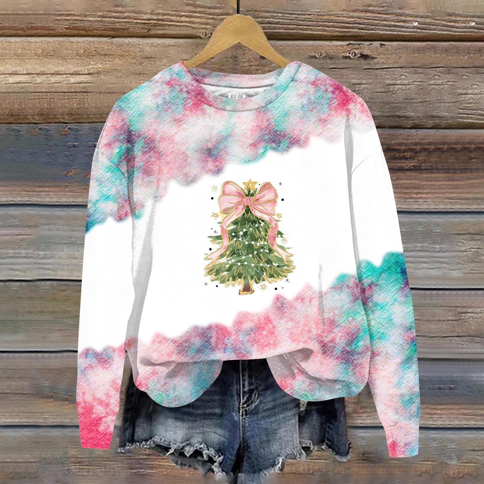 

Женская мода рождественский принт длинный рукав свободный круглый вырез толстовка топ осень M белый