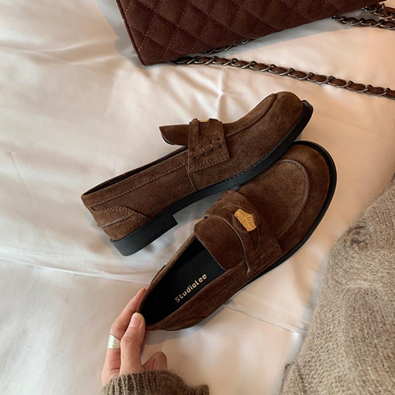 [Su Family] Cowhide Edition~ Flat Bottom~ Horse Leather Retro Polished Small Gold Coin Loafu Single Shoes Women's Small Leather Shoes