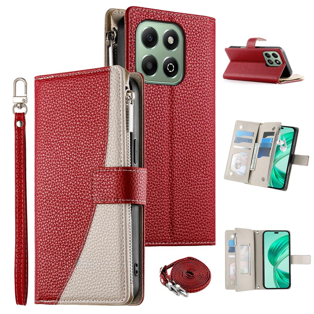 For Honor X6b 4G Case Zipper Wallet Color Splicing Leather Flip Phone Cover with Straps