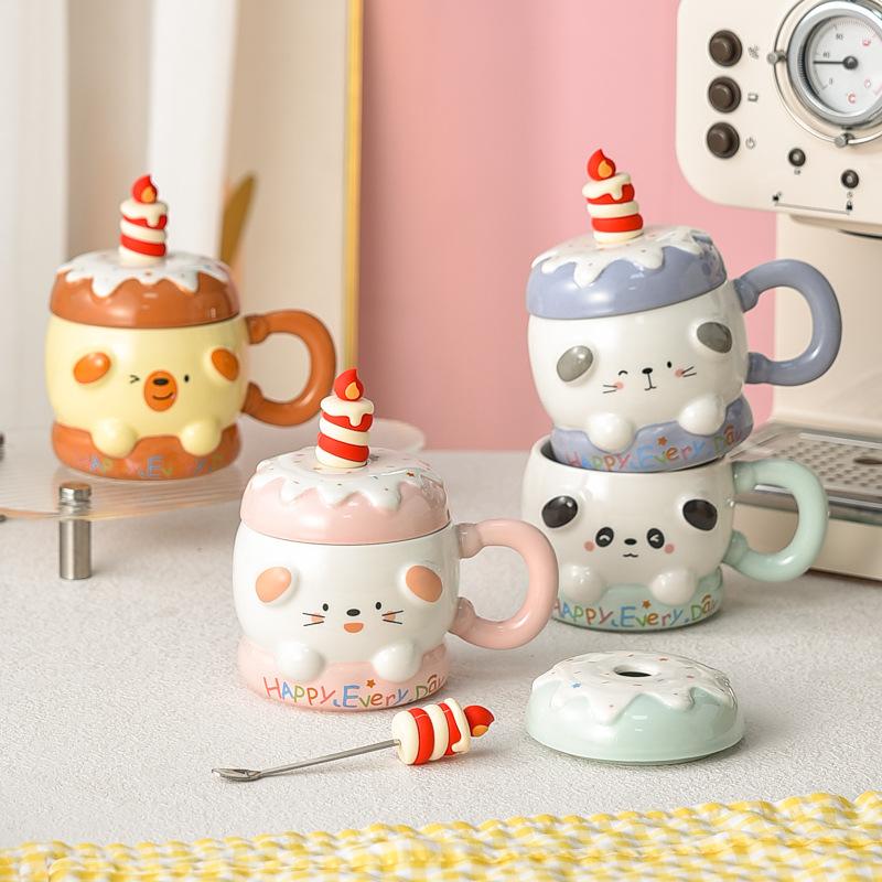 Birthday Gift Cake Cup Cute Mug Girls High Value Ceramic Cup Children's Design Sense Niche with Cover