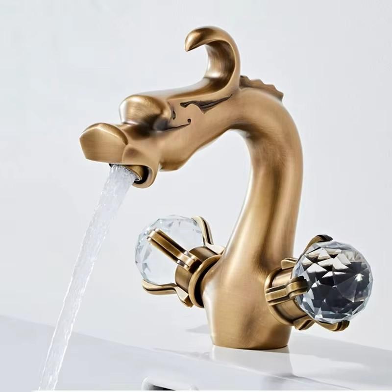 

Gold Dragon Bathroom Faucet Copper Antique Bathroom Basin Faucet Cold & Hot BlackWater Mixer Sink Tap Double Handle Lavotory Tap