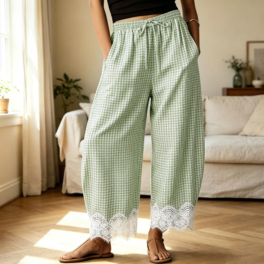 Pantaloni a Quadri Larghi da Donna con Vita Elastica e Bordi in Pizzo per Uso Quotidiano Casual