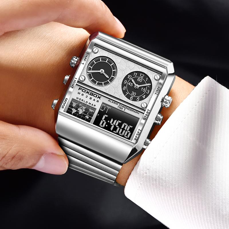 

New Creative Multiple Time Zone Watch Men Fashion Square LED Backlight Alarm Chronograph Clock Male Waterproof Watches срібні білого кольору