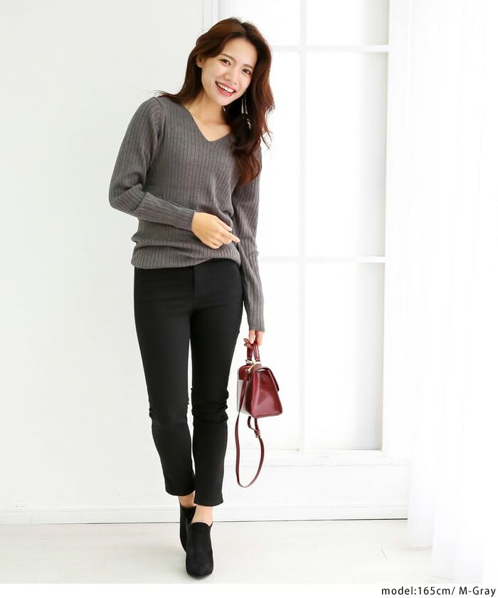 Winter Plus Ribbed Long Sizes Gray Beige Wn-0114 [Jungle Jalopy] Women's Sweater, Size, Knit, V-Neck, Cotton, Sleeve, Lightweight, Elegant,