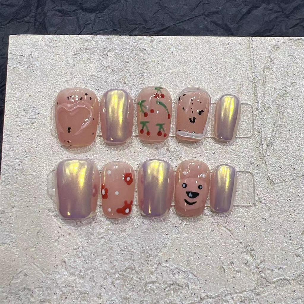 Handmade Nail Art Finished Fake Nail Patch Japanese Style Xiaoxiangfeng Hand-painted Pink Cute Bear