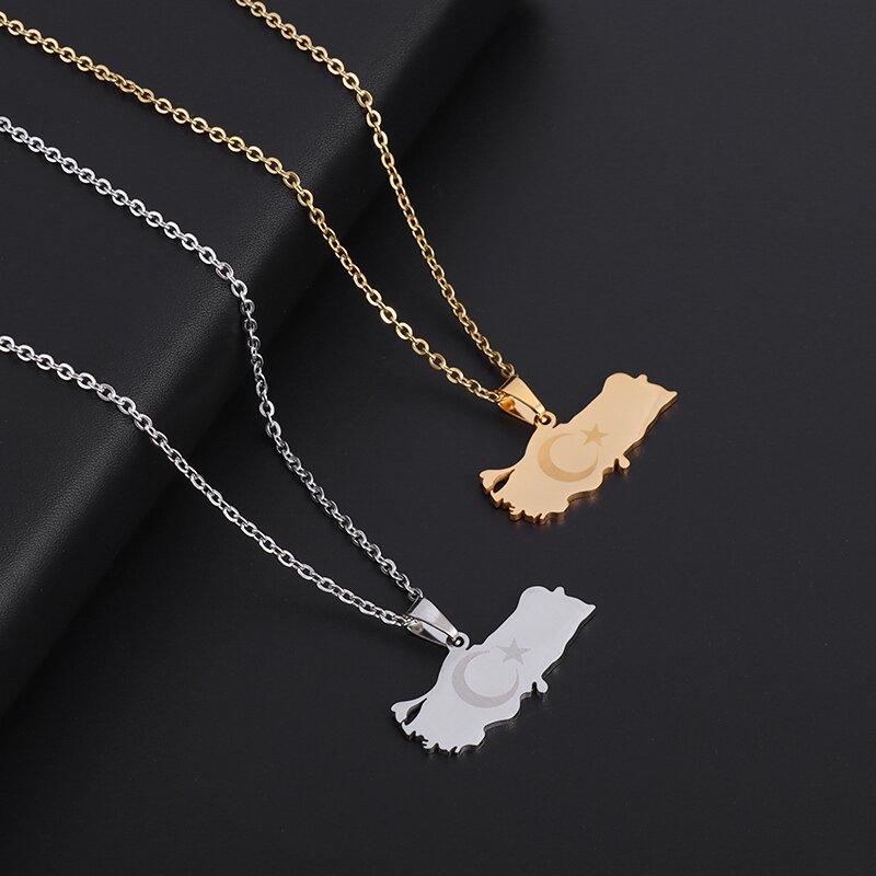 Fashionable Stainless Steel Turkey Map Flag Pendant Necklace for Women Faith Casual Jewelry Gift
