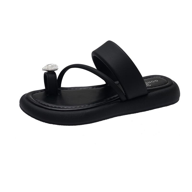 Thick-soled Toe Love Rhinestone Cool Slippers Women's 2025 Summer New Outer Beach Shoes