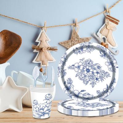 24Pcs Disposable Dinner Plates Set Microwave-Safe Blue Paper Plates with Forks