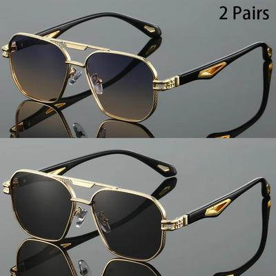 2 Pairs Vintage Square Sunglasses Men Gradient Multi-color Casual Shades Women Trendy Double Bridge Luxury Design Sun Glasses