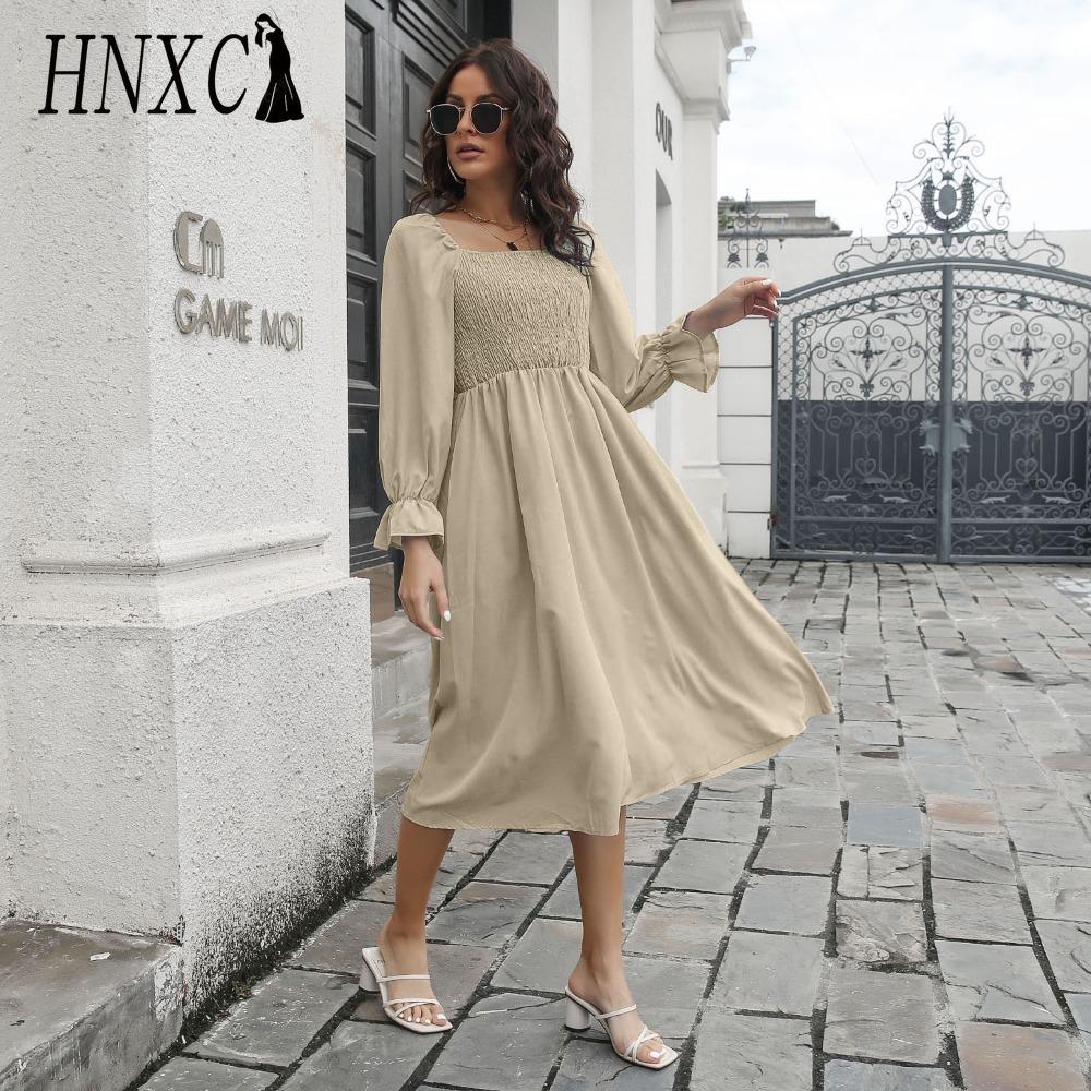 

HNXC Женское платье миди весна-лето, расклешенные рукава, А-силуэт, квадратный воротник, высокая талия, однотонный цвет, S-XL XL бежевый