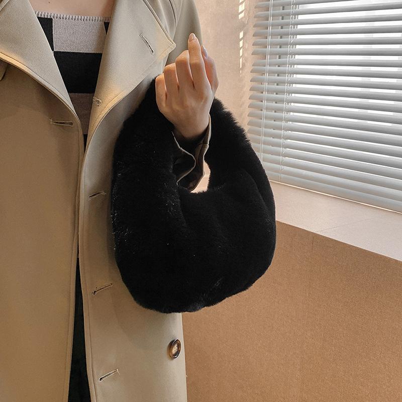 Yogodlns Fur Women's Small Half Moon Bag Luxury Warm Plush Wrist Bags for Women Fashion Furry Short Handle Clutch Cute Ladies Coin Purses