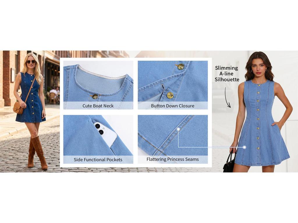 Women's 2026 European & American Slim Fit Washed Denim Sleeveless Button Dress with Pockets