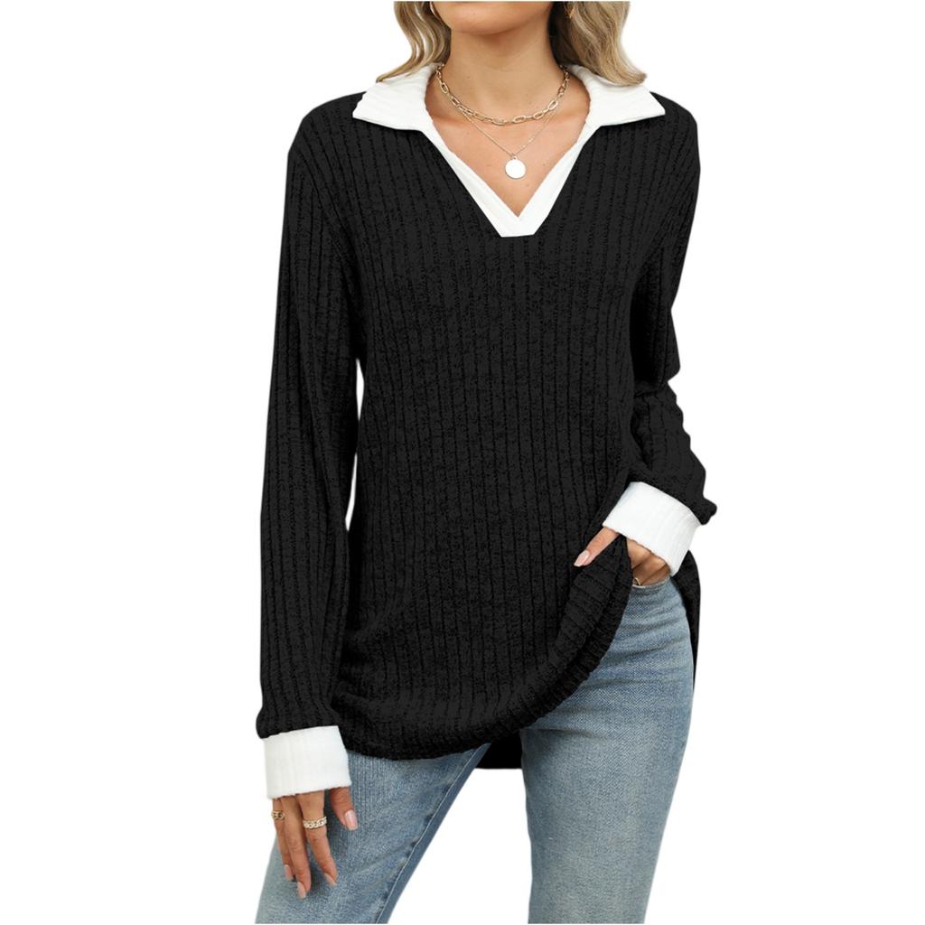 Women's Fashionable Lapel Long Sleeved Color Blocked Loose Casual Pullover Top