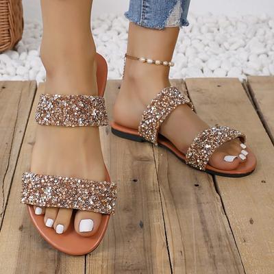 One Word with Flat Bottom Sequin Round Head Women's Cool Slippers Summer Leisure Beach Fish Mouth Flat Bottom Women's Shoes Manufacturer