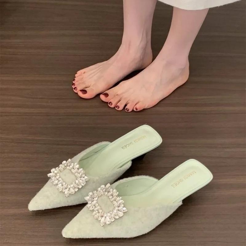 Ladies Shoes Closed Toe Women's Slippers Fashion Dress Slippers Women Crystal Square Button Pointed Toe Low Heel Sandals