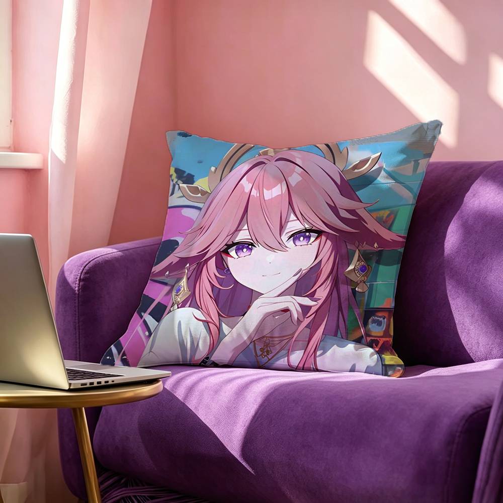 Yae Miko Cute Genshin Impact Pillow Case Square DoubleSided Sofa Cushion Cover Bedroom Bedside Pillow