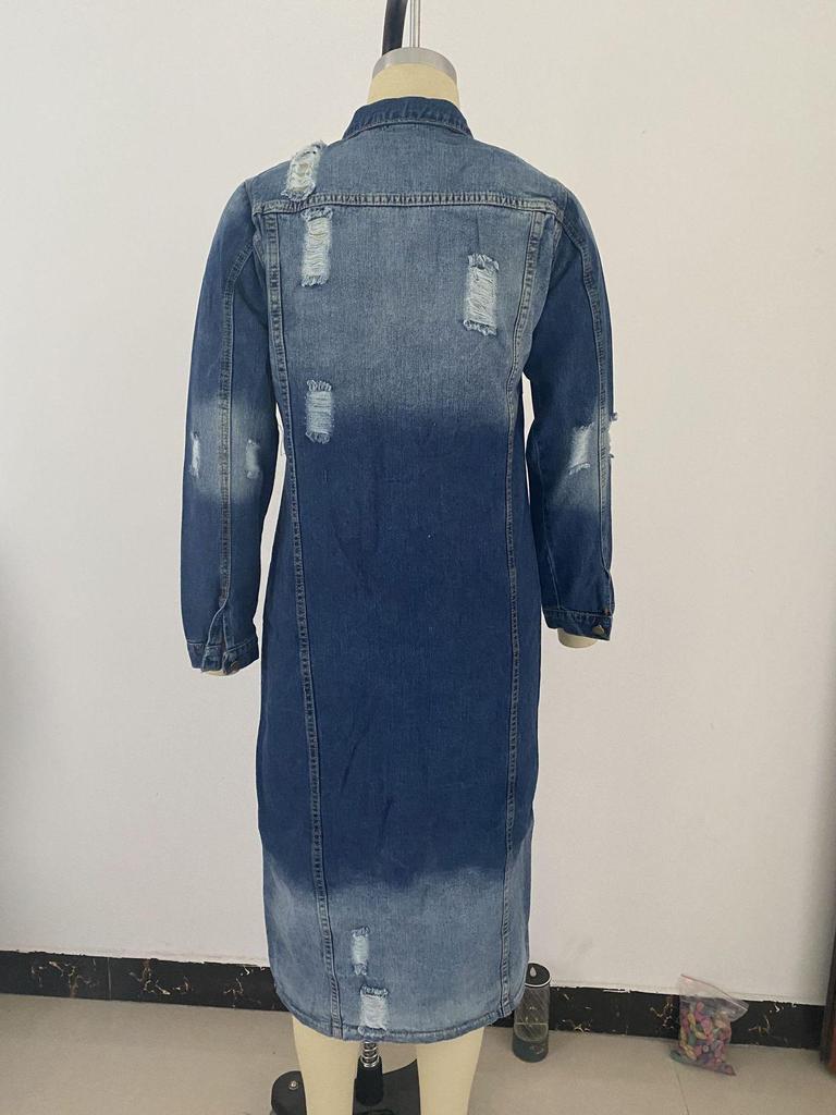 Damski jesienno-zimowy długi płaszcz trenczowy z podartego denimu