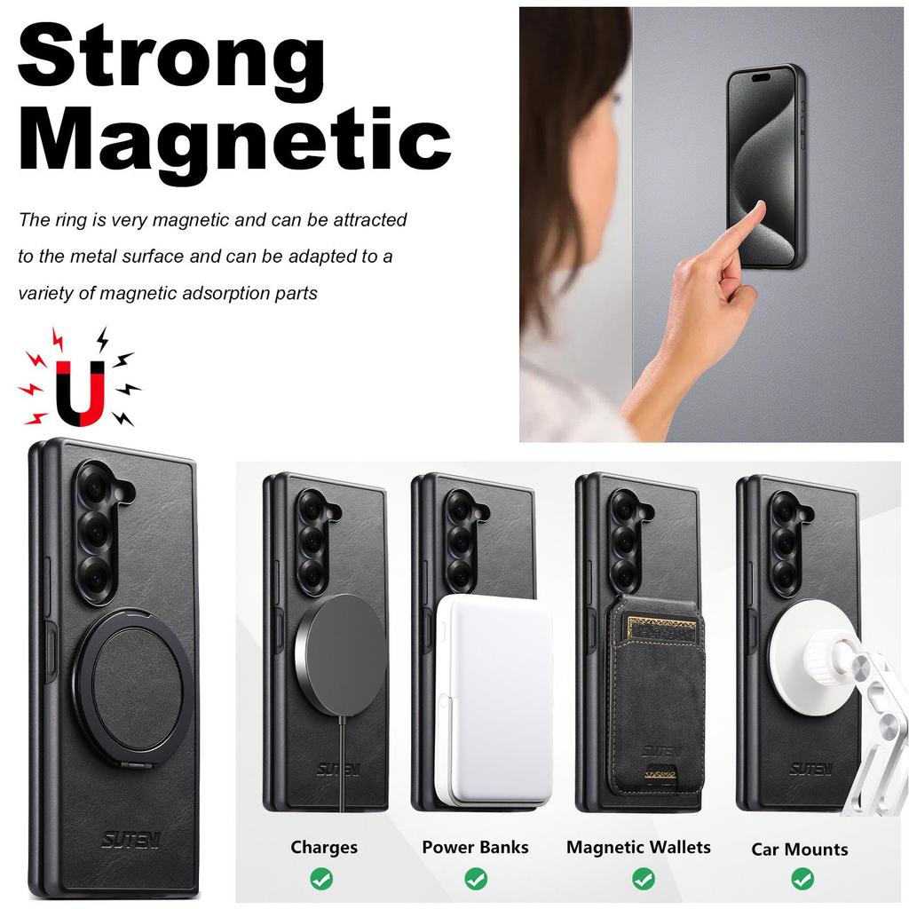 Samsung Z Fold7/6/5 Magnetic Wireless Charging Case with 360° Rotating Ring Stand and Leather Finish