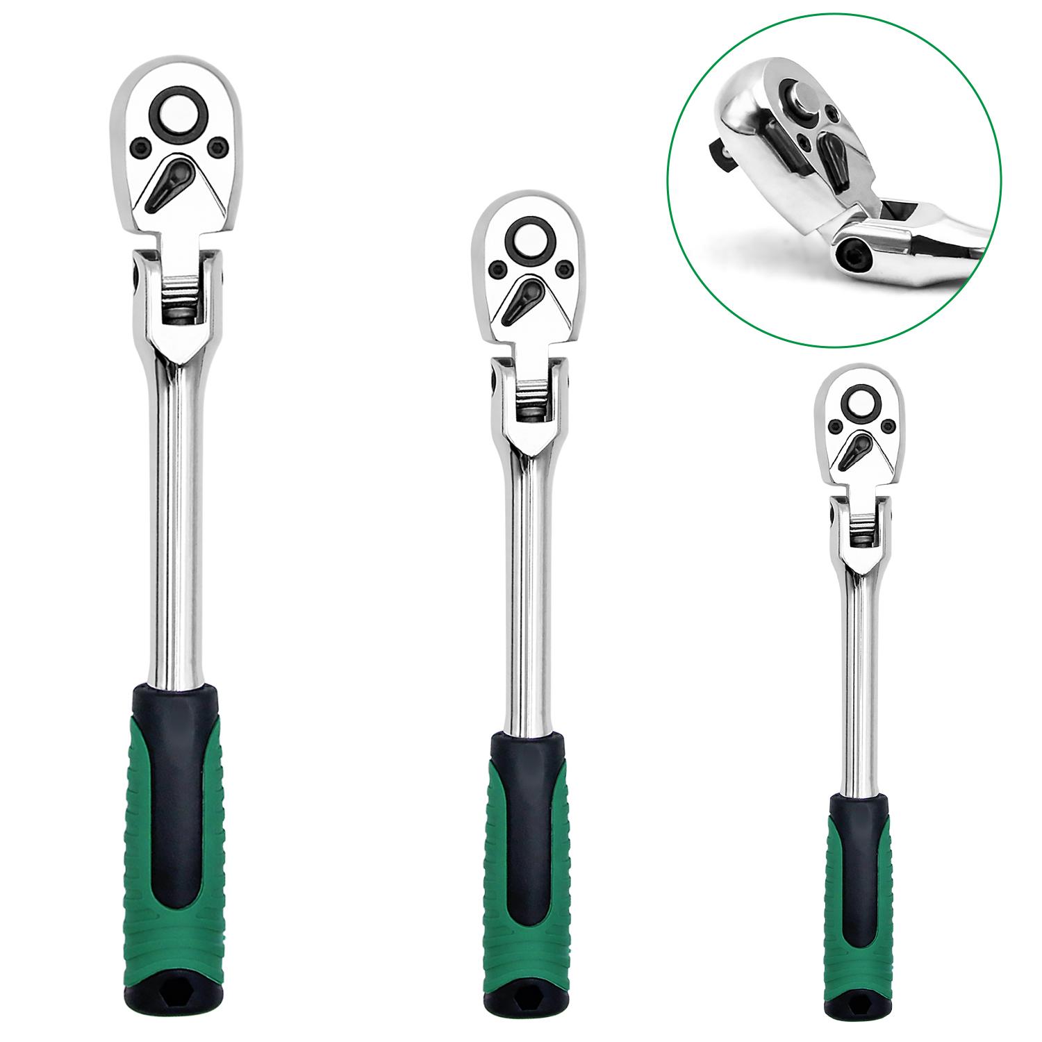 

3-Piece Flex Head Ratchet Set, 1/4 , 3/8 , 1/2 Drive, 72-Tooth Ratchet with Chromium Plating Quick Release Reversible Design