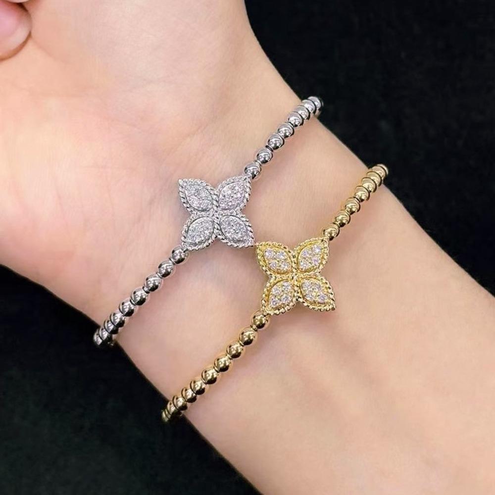 Vintage Morgan Flower Elastic Double Sided Flip Bracelet Brushed Diamond Clover Bangle for Women