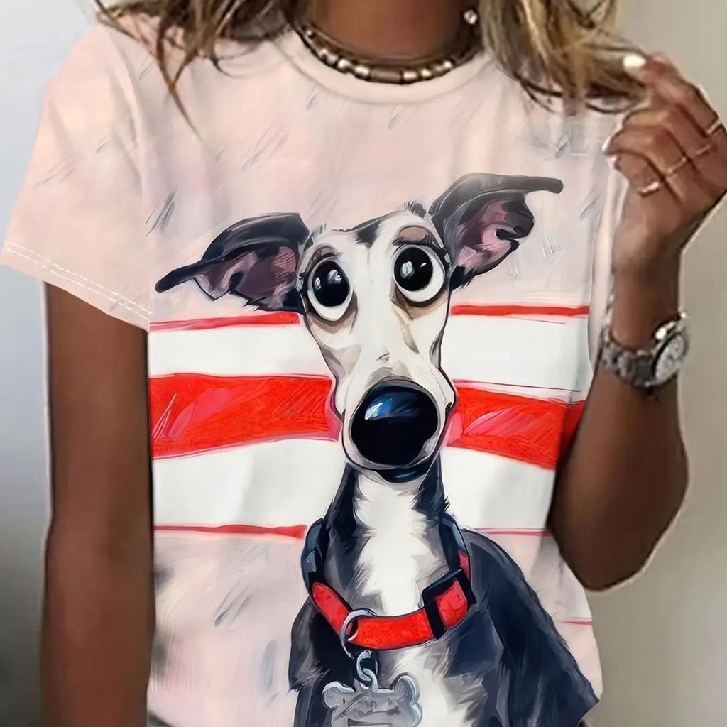 Lustige Damen-T-Shirts mit Cartoon-Hund, Zeichentrickfiguren, süßes T-Shirt mit 3D-Druck, lässiges Kurzarm-Oberteil mit Rundhalsausschnitt, weibliche Kleidung
