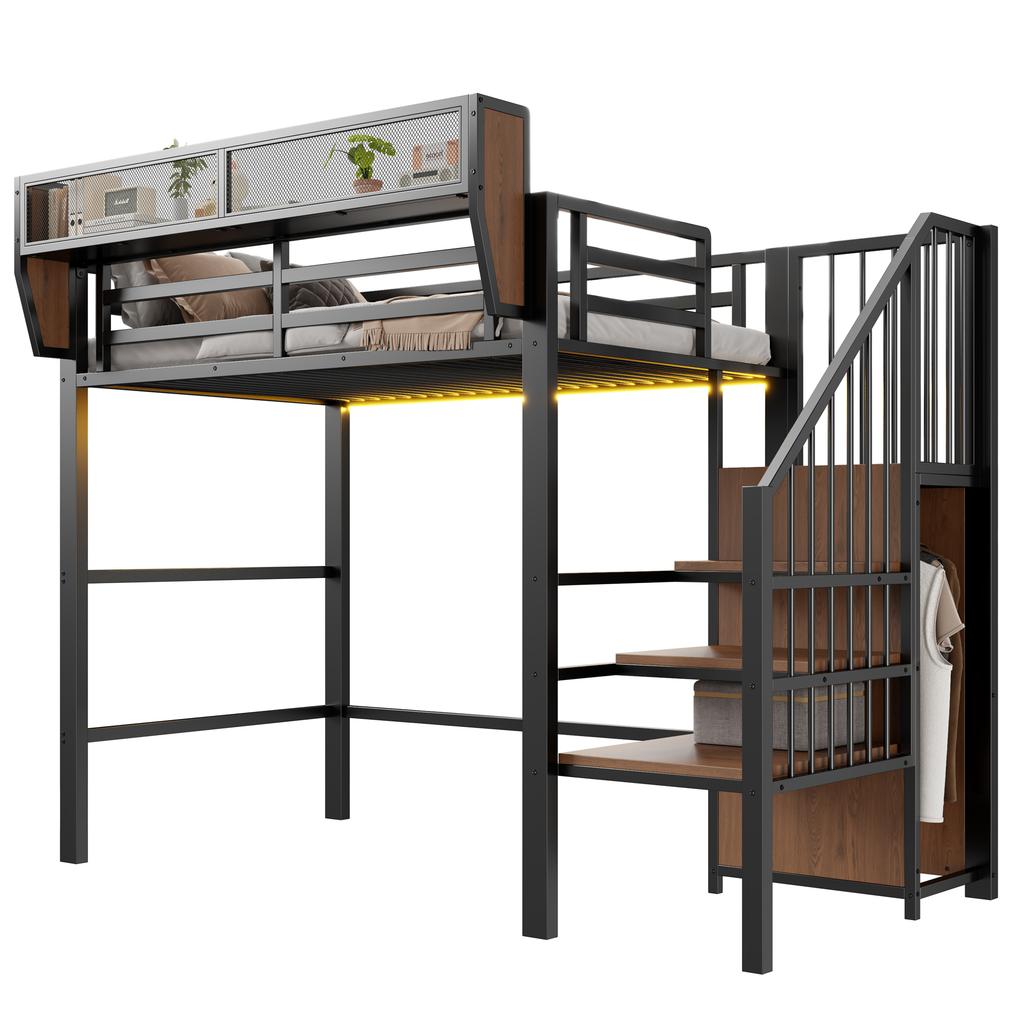 Letto Alto 90x200 con Striscia LED, Scala di Sicurezza e Spazio di Archiviazione Flessibile Letto in Metallo Letto per Adulti Letto a Castello per Bambini Nero
