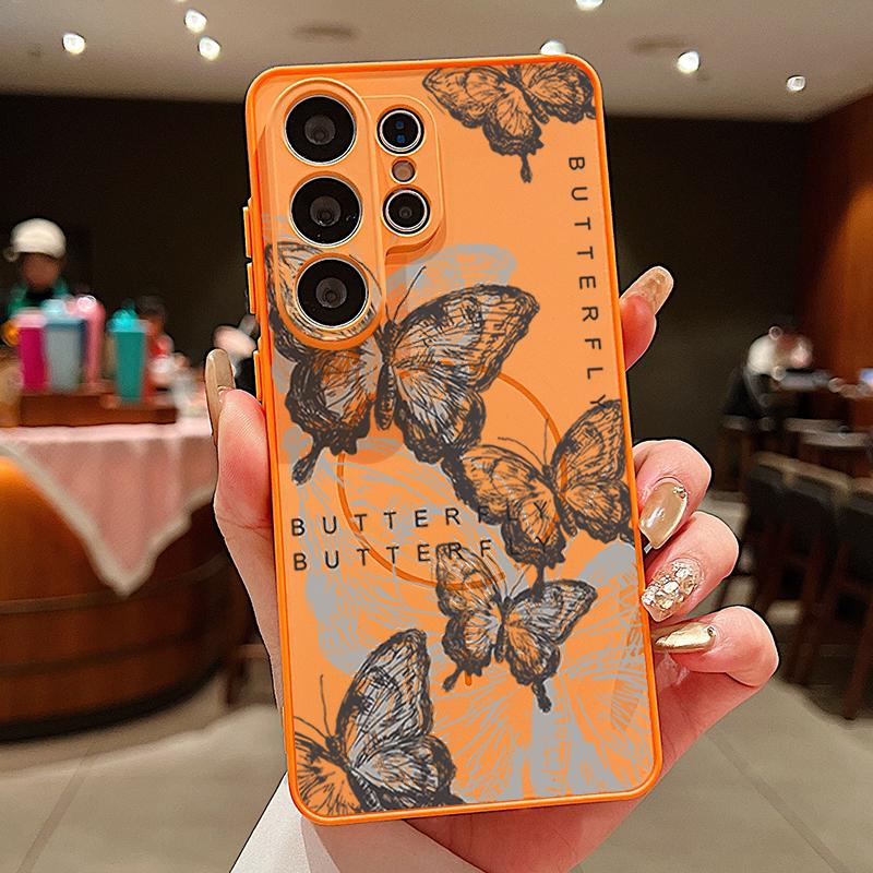 Magnetic For Magsafe Case For Samsung Galaxy S26 Ultra S25 Edge S24 Plus S23 FE S22 A54 A55 A56 5G Retro Butterfly Print Matte Cover