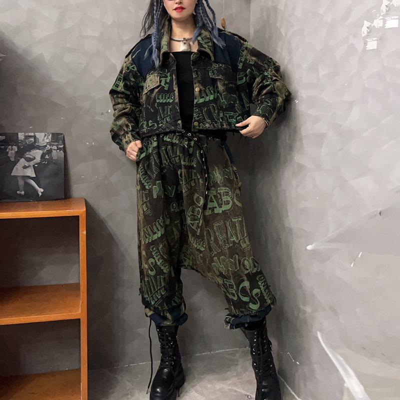 Personality trendy and cool old-fashioned printed denim lapel collar long-sleeved short jacket multi-pocket trousers two-piece set women's autumn