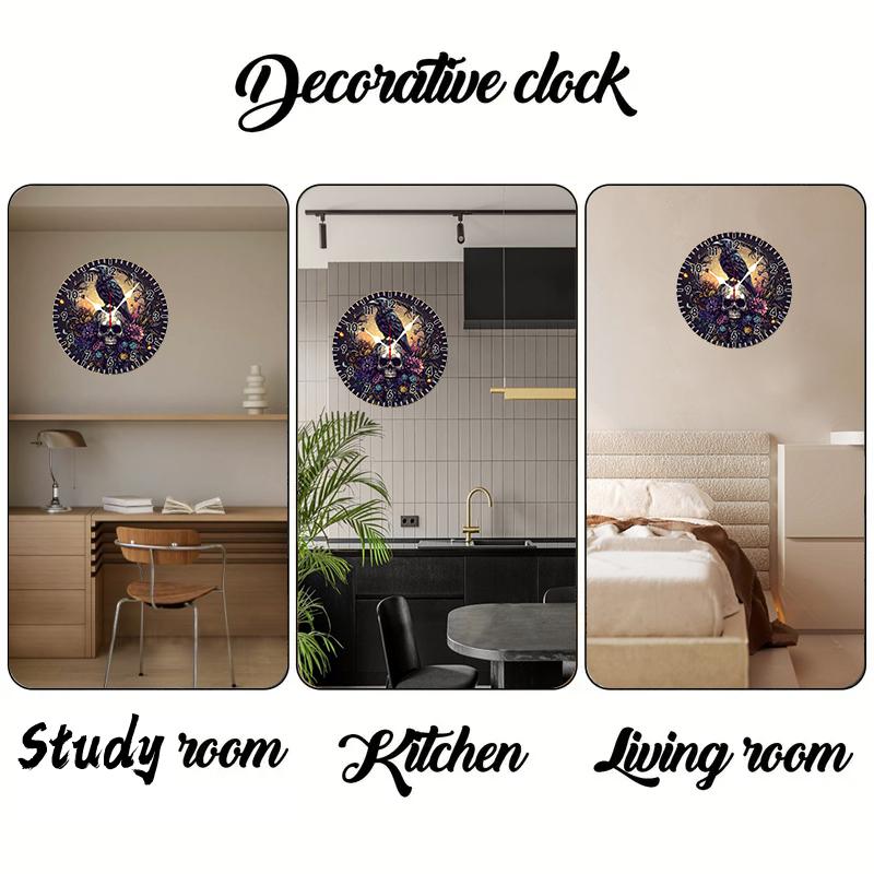 Raben Schädel Holz Rund Stille Hängende Wanduhr, Geeignet Für Wohnzimmer, Büro, Arbeitszimmer, Schlafzimmer, Heimdekoration