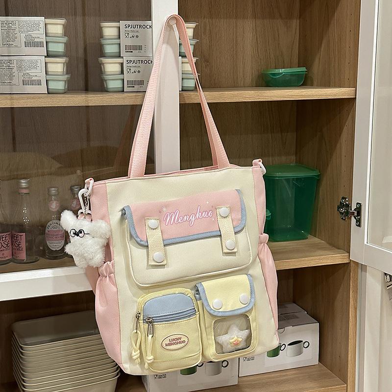 women's 2025 new cute color matching college style shoulder bag for junior high school students, large-capacity tote bag tide