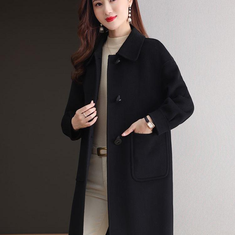 Women's Mid-Length Age-Defying Red Double-Faced Cashmere Coat, 2025 Korean-Style, Loose Fit with Wool Lining