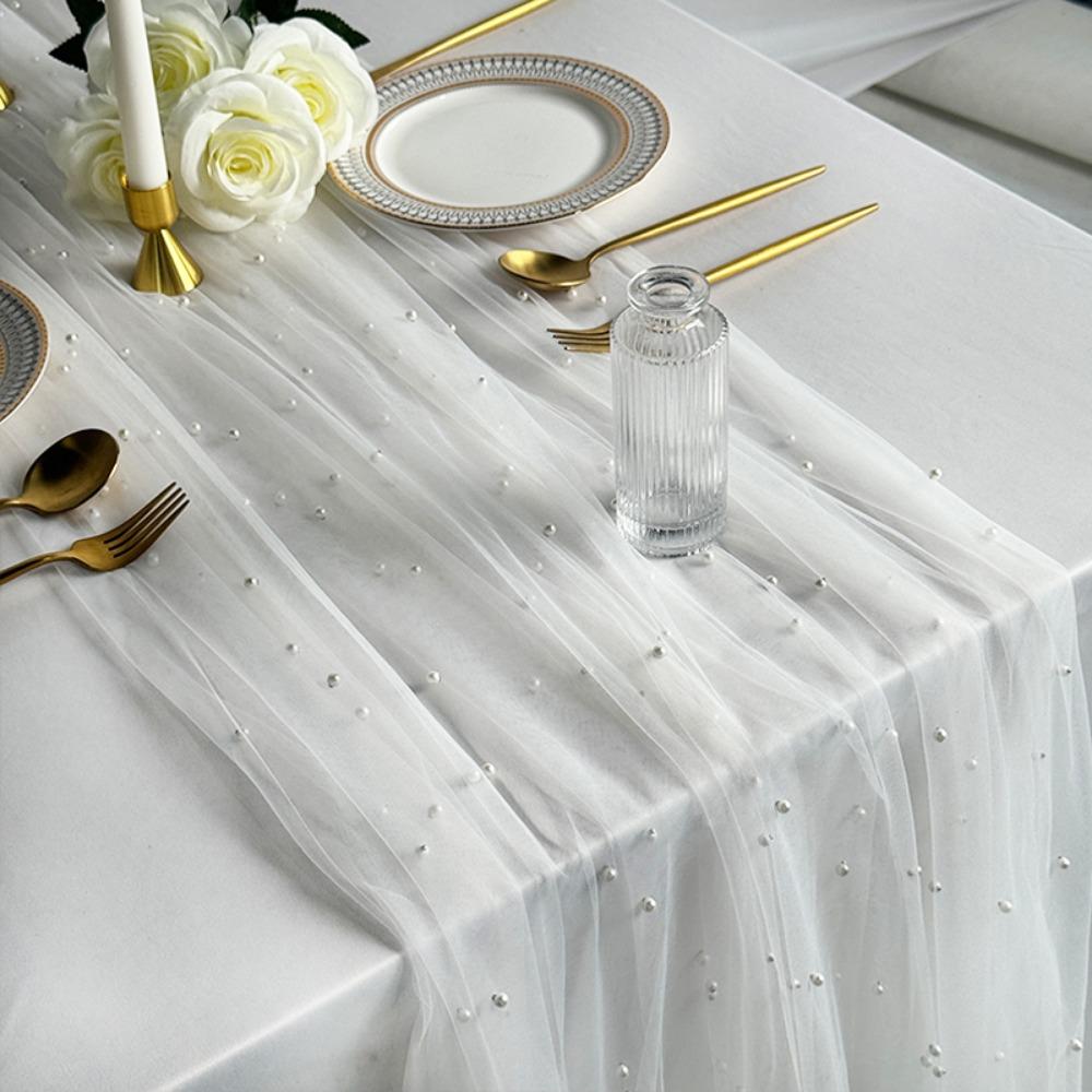 

75x300CM Party Tablecloth Tulle Table Cloth Outdoor Pearl Table Runner Wedding Party білий