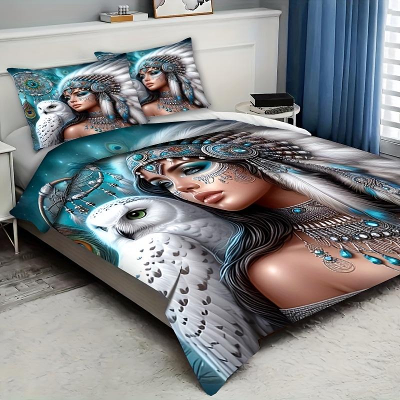 2/3pcs Comfortable 3D Printed Owl and Feather Theme Bedding Set Digital Print Duvet Cover with Zipper Design Machine Washable