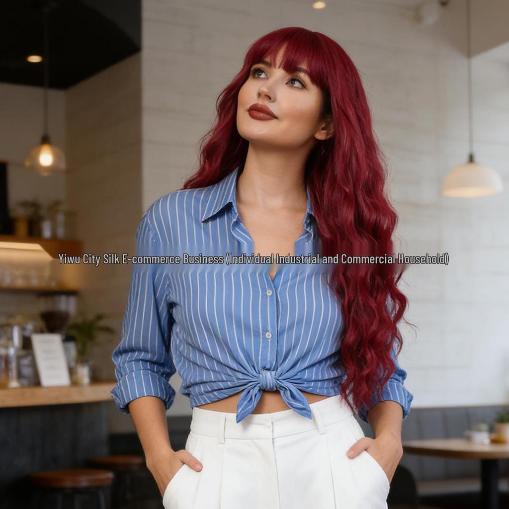 Wine Red Long Curly Wig with Full Bangs and Straight Ends - New Style