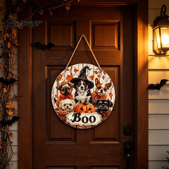 Festive Home Ornament Wooden Halloween Door Sign, Cute Puppy Witch Hat Pumpkin Boo Front Sign Hanger, Fall Maple Leaf Wall Decor for Porch Decoration