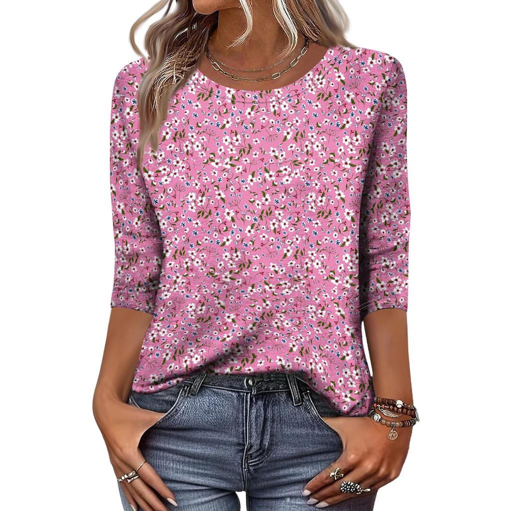 Women’s Casual 3/4 Sleeve Floral Pattern Printed Crew Neck Top Relaxed Fit Lightweight Pullover Blouse Shirt