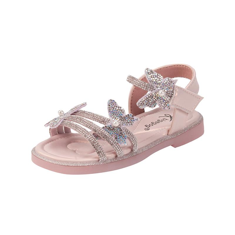 

Girls Crystal Princess Sandals with Butterfly-knot Non-Slip Soft Sole Children Shiny Rhinestone Sandals Kids Summer Beach Shoes 24