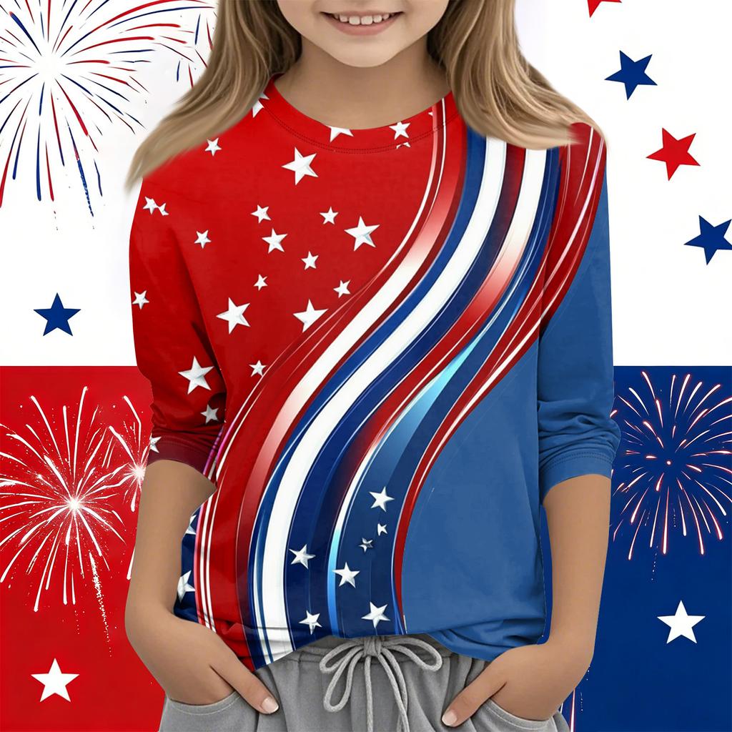 Print Tops For Youth Girls Round Neck 3/4 Sleeves T-Shirts Trendy Tops Outfit Tees Independence Day